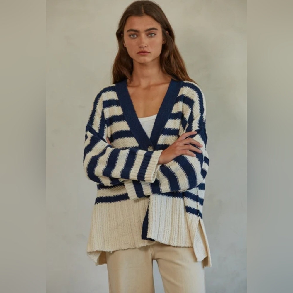 Striped Navy and Cream Women's Oversized Cardigan Sweater